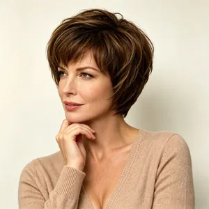 Detail view of stylish short textured synthetic wig in natural brown with highlights