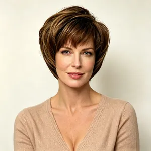 Detailed view of women's short textured brown wig with blonde highlights