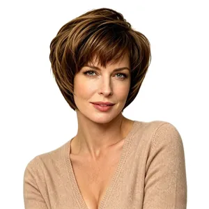 Stylish short textured brown wig for women, premium layered pixie cut hairpiece with bangs