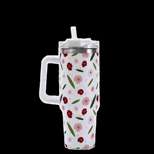 40oz stainless steel tumbler with elegant floral pattern, handle and straw for car cup holders