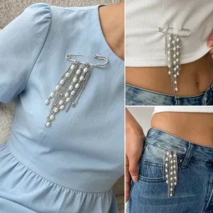 Versatile silver safety pin brooch with multi-layer pearl tassel chains for clothing decor