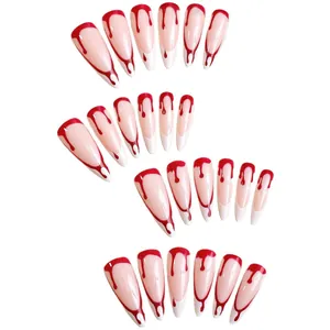 Halloween stiletto press-on nails with white French tips and red blood drip design