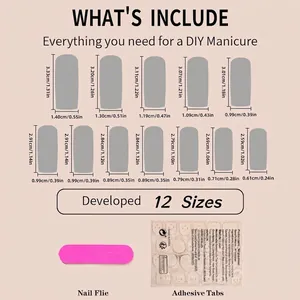 Guide des tailles détaillé pour kit d'ongles DIY avec 12 tailles et outils essentiels.