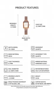 Detailed specs for GEDI women's rose gold rectangular quartz watch with mesh band