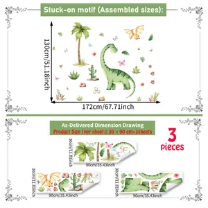 Large watercolor dinosaur wall sticker set showing assembled size and delivery sheets