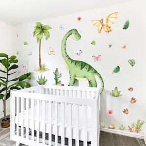 Large watercolor dinosaur wall stickers decorating a nursery wall behind a white crib.