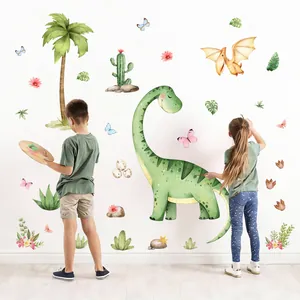 Large watercolor dinosaur wall stickers featuring kids in a cozy nursery room setting