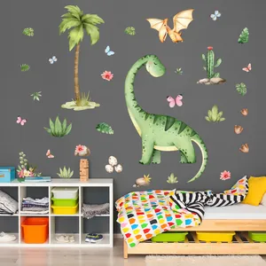 Watercolor cartoon dinosaur and plant wall stickers applied to a kid's bedroom wall.