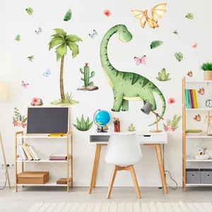 Watercolor dinosaur wall stickers shown in a modern children's study room scene.