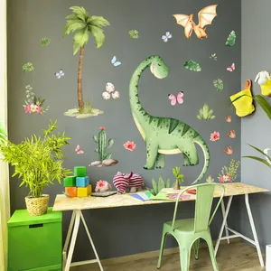 Watercolor dinosaur wall stickers set featuring a green brachiosaurus and tropical plants