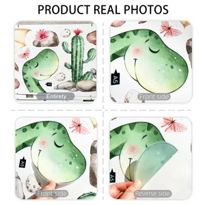 Detail view of watercolor dinosaur wall sticker showing front and reverse adhesive side.