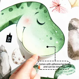 Detail macro view of watercolor dinosaur wall sticker showing easy adhesive backing removal