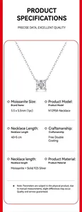 Detailed specifications for square moissanite necklace with S925 silver chain info