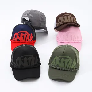 American Streetwear Graffiti Puff Print Trucker Hat Mesh Back Baseball Cap With Decorative Rope Metal Cross Button Unisex Sunshade Fashion Hat
