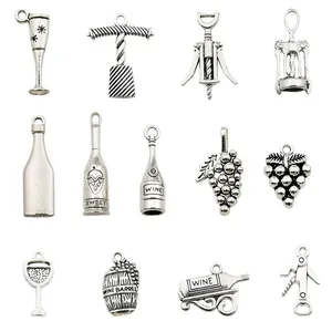 Pendentifs DIY série vin argent antique comprenant bouteille verre raisin et tire-bouchon