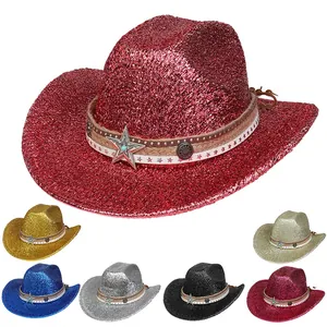 Cappello da Cowboy Occidentale con Paillettes Scintillanti con Fascia a Stella Borchie Coulisse Perline Legno Glitter Fedora
