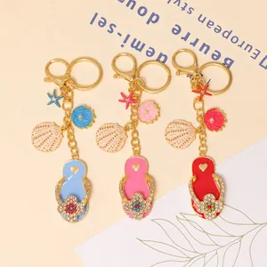 Sleutelhanger Oceaan Thema Met Flipflop Strass Schelp Zeester Kunstparel Hangers Goud Legering Metaal Strand Sandaal Tas Decor