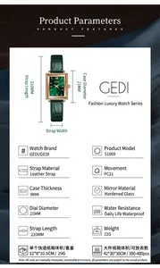 Detailed specifications for GEDI luxury square dial ladies' green leather strap watch.