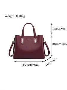 Elegant maroon large capacity tote bag for women featuring detailed size and weight specs