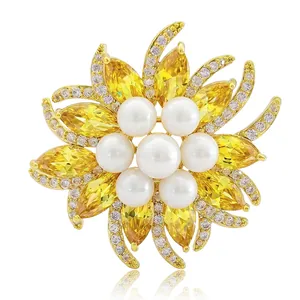 Luxury sunflower brooch with micro-pave yellow zircon and white pearls in gold plating