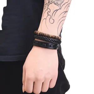 Vintage multi-layer men's leather bracelet set with braided strands and wood beads