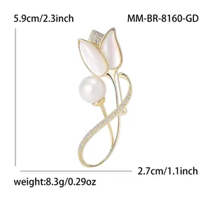 Eleganter Tulpen-Brosche mit weißen Muschelblättern und Perle, Maße 5.9x2.7cm