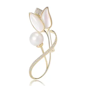 Eleganter Tulpenblüten-Brosche Mit Künstlicher Künstliche Perle Und Muschel-Inlay Legierung Zirkonia Anstecknadel Für Damen Anzug Kleid Schmuck Geschenk