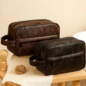Men Toiletry Bag Vintage PU Leather Waterproof Large Capacity Travel Wash Bag Portable Organizer For Business Grooming