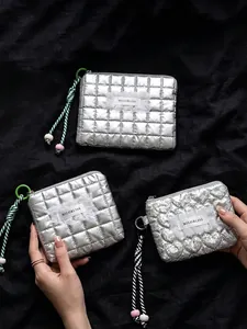 Borsa Per Trucco Trapuntata Argento Laser Olografica Motivo Cuore Plaid Pizzo Pochette Per Cosmetici Portatile Cerniera