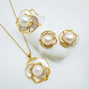 Componenti per Gioielli Fai Da Te Camelia Vintage in Madreperla Con Perno in Argento Sterling 925 per Orecchini Ciondolo Anello