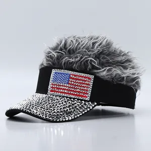 Gorra de Béisbol de Mezcla de Algodón Novedad Con Peluca Falsa Strass Incrustado Visera Curva Hip Hop Gorro Parasol para Fiesta