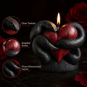 Gothic black snake wrapping red heart candle with detailed scale textures