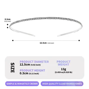 Macro view of a slim silver rhinestone headband crown with dimensions and weight specs