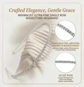 Close-up of a minimalist ultra-thin single-row rhinestone headband with an alloy base