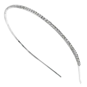 Minimalist silver thin headband featuring a continuous row of sparkling clear rhinestones