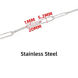 Close-up of stainless steel oval chain links with measurements 1mm by 5.2mm by 20mm