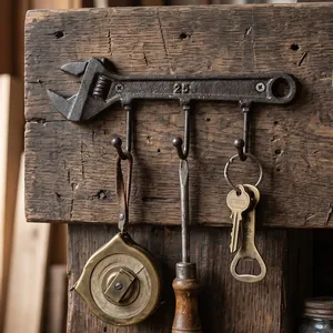 Vintage industrial cast iron wrench shaped wall hook rack for home tool organization