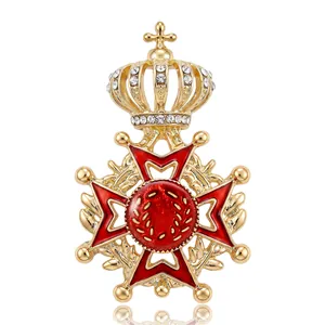 Vintage Alloy Rhinestone Crown Medal Brooch Red Enamel Cross Badge Pin For Women Suits Cardigan Fashion Accessories