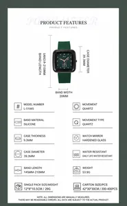 Elegante quadratische Damen Quarzuhr mit grünem Silikonarmband und technischen Daten