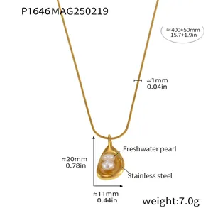 Detailed view of gold plated stainless steel necklace with freshwater pearl and size info