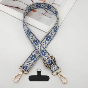 Ethnic blue jacquard wide shoulder strap with adjustable gold buckle for handbags