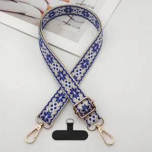 Ethnic style blue and white jacquard wide bag strap with gold adjustable buckle