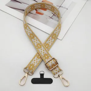 Adjustable ethnic style jacquard wide shoulder strap in yellow and white pattern