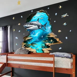 Autocollant mural 3D requin créatif pour chambre d'enfant avec décor de vie marine
