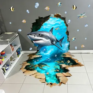 Sticker mural 3D effet mur brisé avec requin et tortue pour décoration de maison