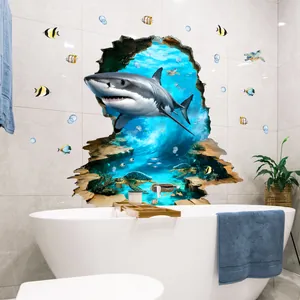 Sticker mural 3D requin effet trou mur océan pour salle de bain, décor sous-marin réaliste