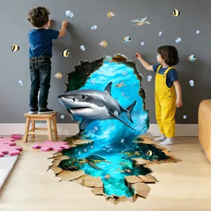 Détail du sticker mural 3D requin avec vie marine réaliste pour chambre d'enfant