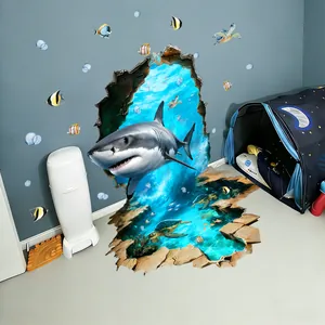 Sticker mural 3D requin perçant le mur scène océanique décor chambre d'enfants