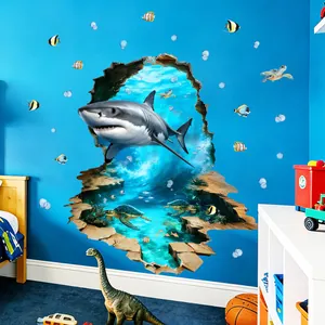 Sticker mural 3D réaliste de requin sous-marin sur un mur de chambre bleu vif