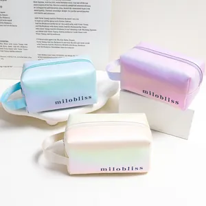 Trendy holographic gradient makeup bag with handle and milobliss logo, portable laser finish